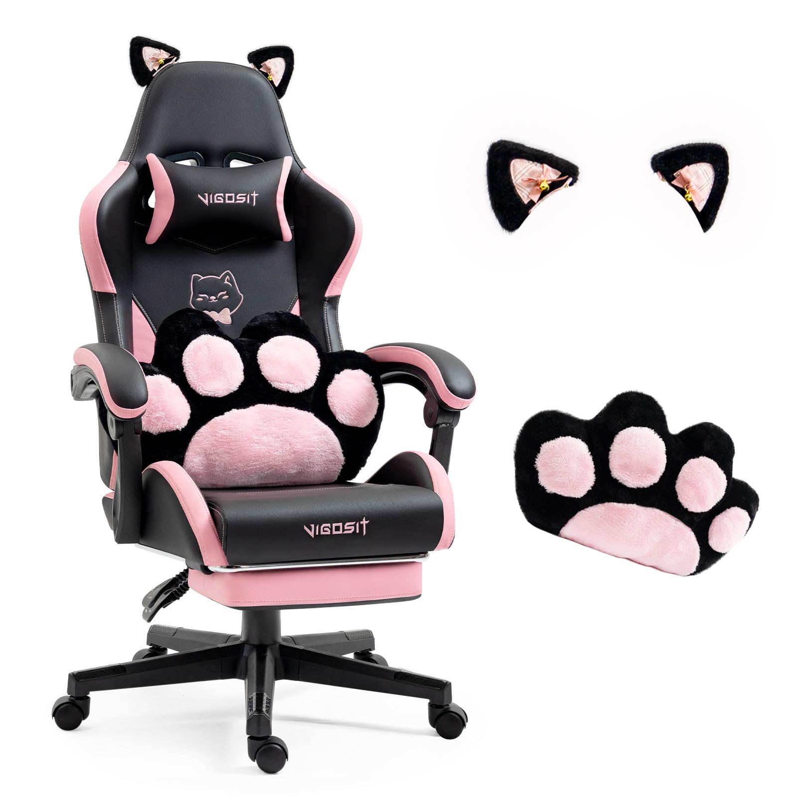新品　組立済み 猫耳ゲーミングチェア（フットレスト付き） - 調節可能な腰部サポート、耐荷重140kg。取り外し可能な可愛い猫耳、綿詰めの人間工学設計PCチェア、女の子/ティーン向け（ブラックピンクモデル） Amazon.co.jp: VIGOSIT 猫耳ゲーミングチェア（フットレスト付き